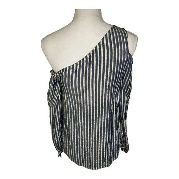 Express Women’s XS One Shoulder Long Tied Sleeved Gold & Navy Metallic Shirt - Picture 2 of 5